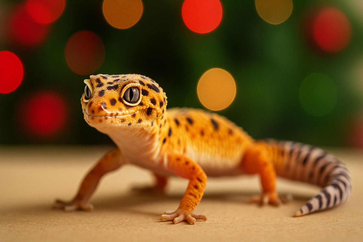 Leopard Gecko standing in front of holiday lights